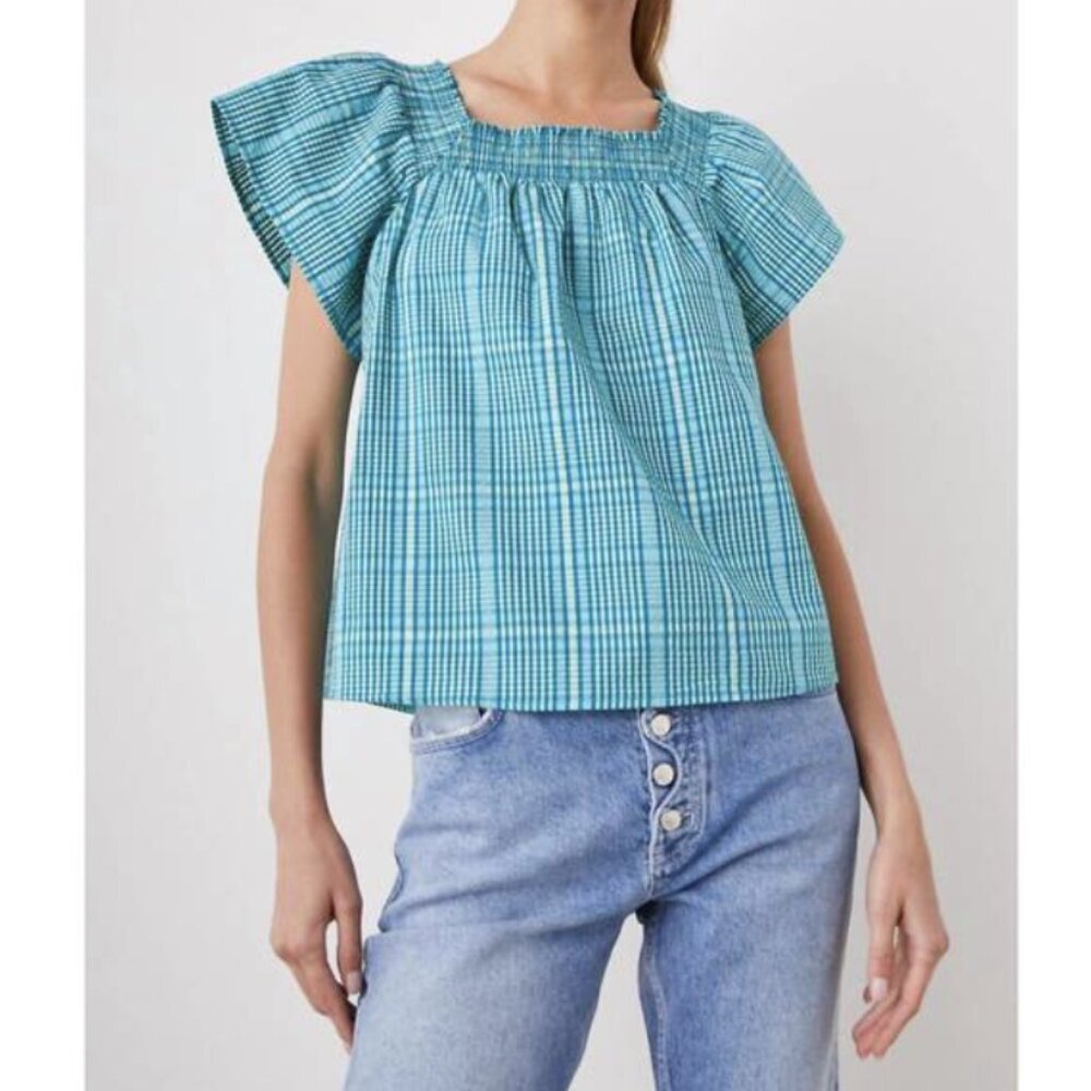 Rails Blue Green Augusta Mini Check Square Neck T… - image 1